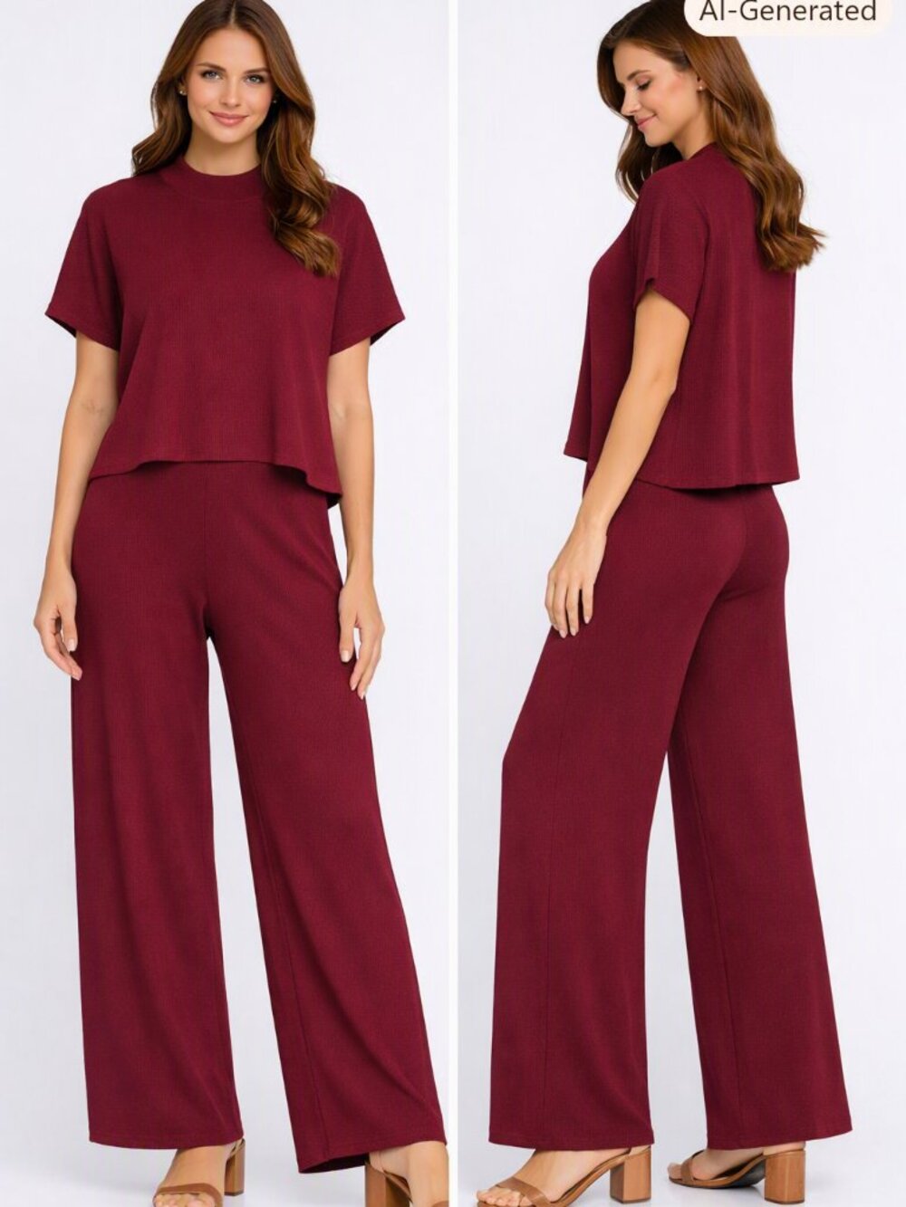 Zenana Burgundy 2-Piece Matching Lounge Set Medium Boxy Top Wide Leg Pants NWT